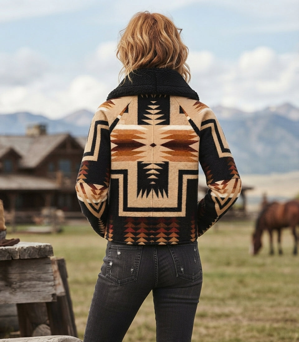 Beth Dutton Yellowstone Wool Aviator Jacket with Shearling Collar – Women’s Aztec Bomber Jacket