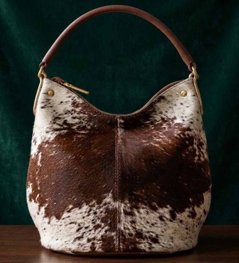 Genuine Cowhide Leather Hobo Bag – Brown & White Hair-On Hide Shoulder Purse