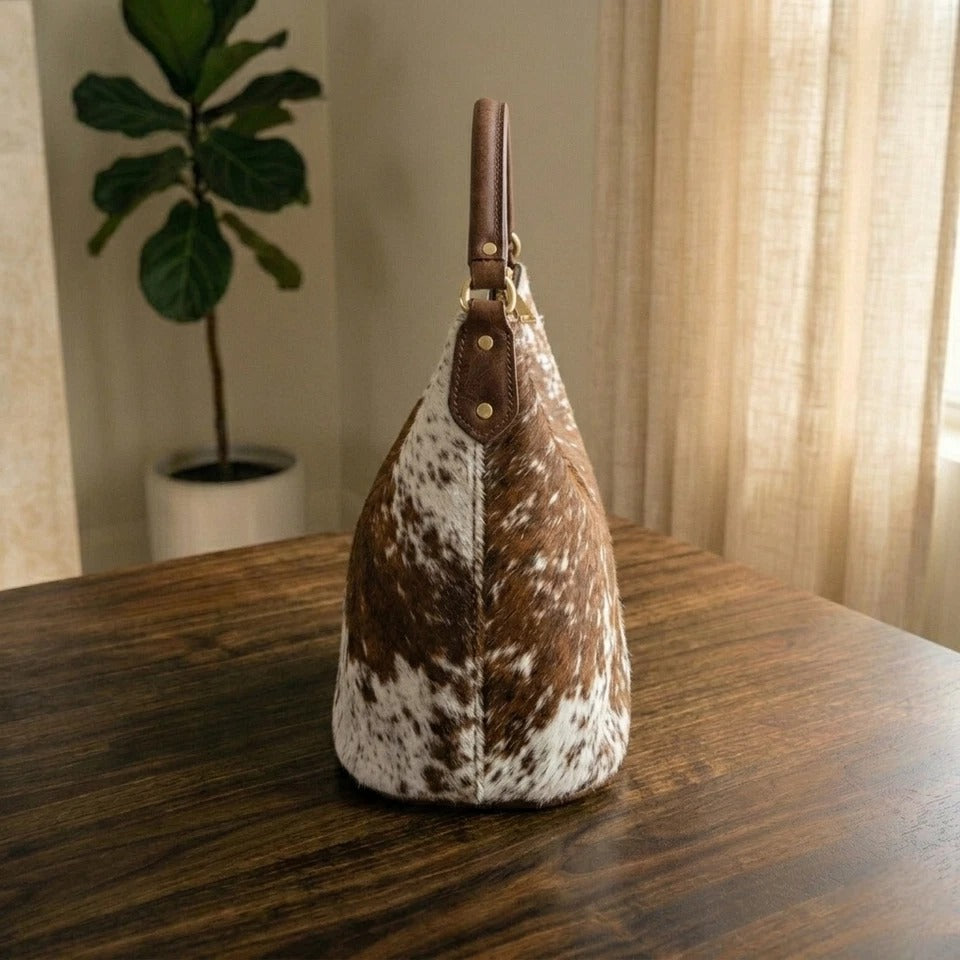 Genuine Cowhide Leather Hobo Bag – Brown & White Hair-On Hide Shoulder Purse