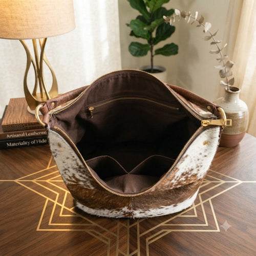 Genuine Cowhide Leather Hobo Bag – Brown & White Hair-On Hide Shoulder Purse